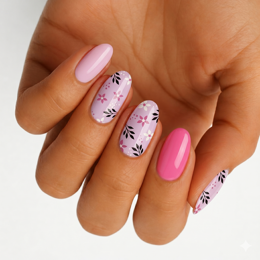 Glossy nail wraps in lilac and pink with floral and leaf accent designs