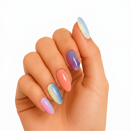Semi-cured gel nail wraps in glossy pastel ombré: coral, blue, purple, yellow tones, almond shape