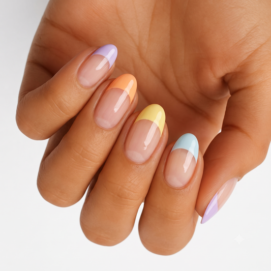 Glossy nude nail wraps with pastel lilac, orange, yellow and blue French tips