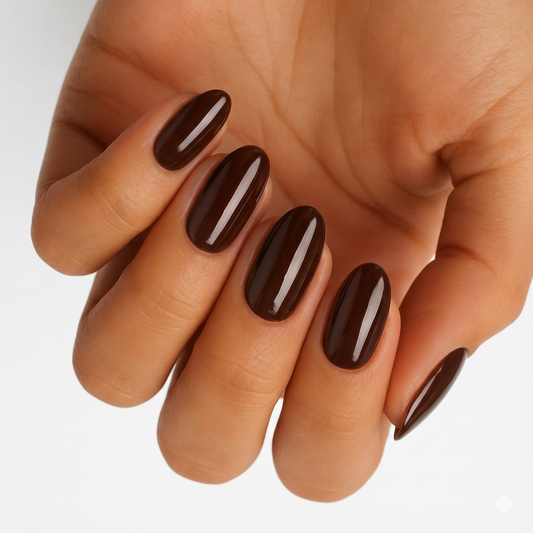 Glossy dark brown nail wraps in a solid chocolate shade on oval nails.