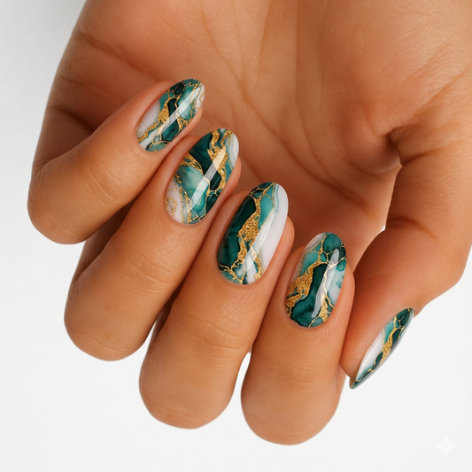 Emerald green marble nail wraps with gold foil kintsugi-style crackle veining on white.