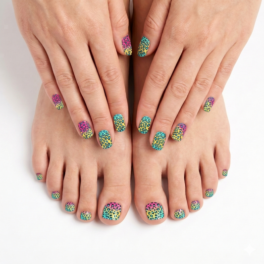 Neon leopard print nail wraps in pink, teal, and yellow on fingers and toes