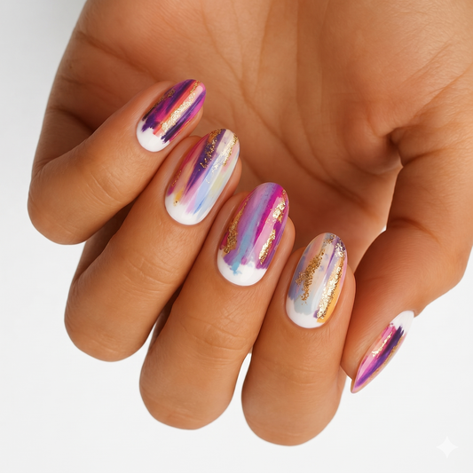 Nail wraps with watercolour brushstroke design in pink, purple and gold on white base