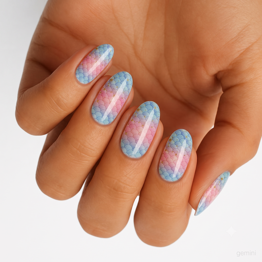 Glossy nail wraps, blue-to-pink mermaid scale pattern, almond-shaped nails.