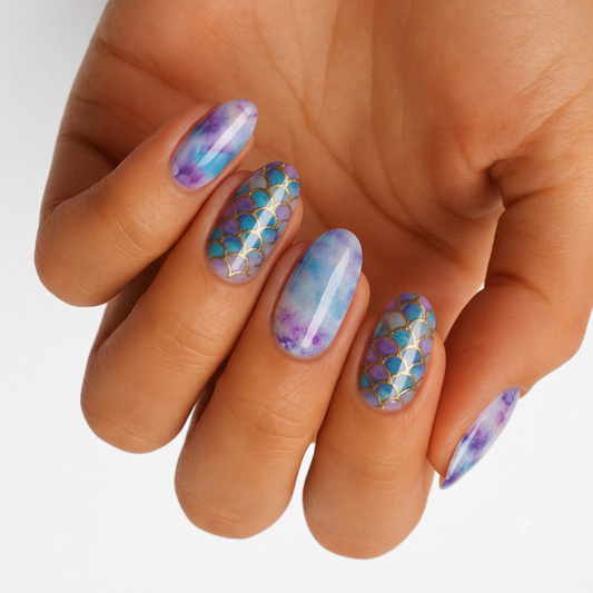 Purple-blue watercolor nail wraps with gold mermaid scale accent nails, glossy finish.