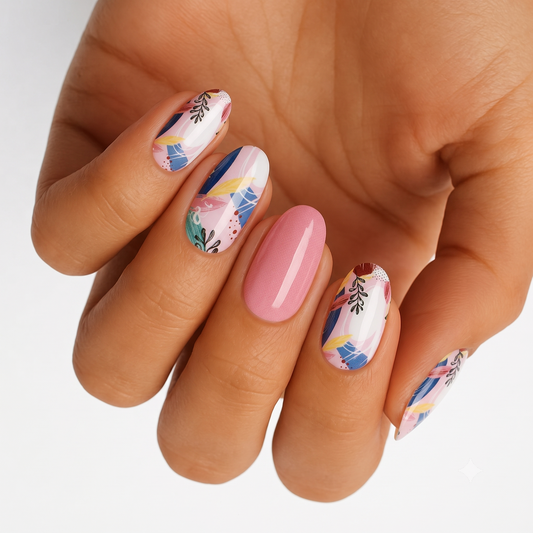 Nail wraps with abstract floral leaf print in blue, pink, mustard and solid pink accent nail.
