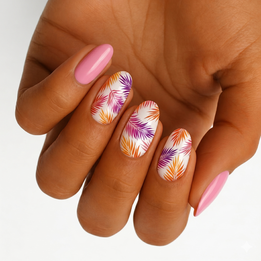 Pink nail wraps with white tropical fern leaves in purple, orange and pink