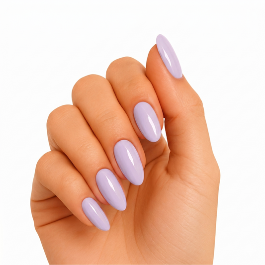 Solid pale lavender glossy semi-cured gel nail wraps on almond-shaped nails