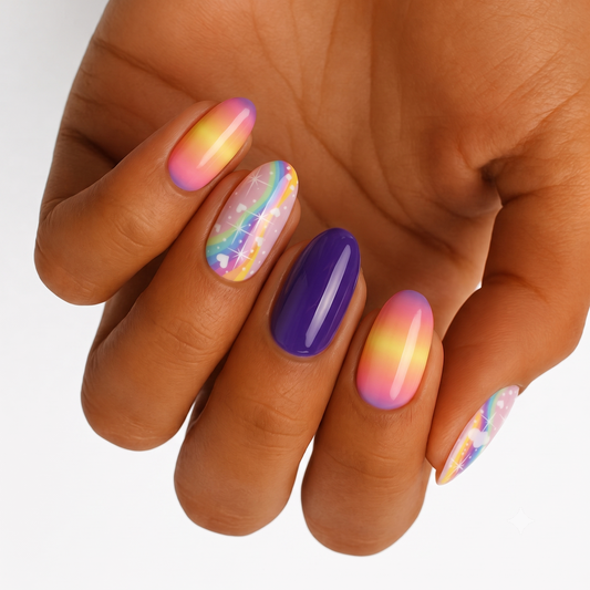Holy Classics nail wraps, pastel rainbow ombré and purple gloss with heart sparkle accents