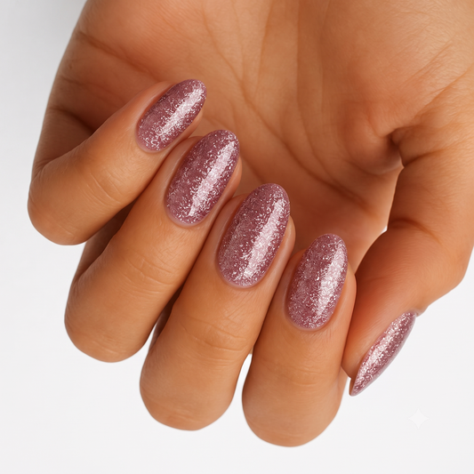 Mauve pink nail wraps with fine silver glitter shimmer, glossy finish, oval shape