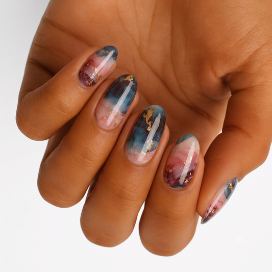 Holy Classics nail wraps, oval shape, blue and mauve marble design with gold foil flecks