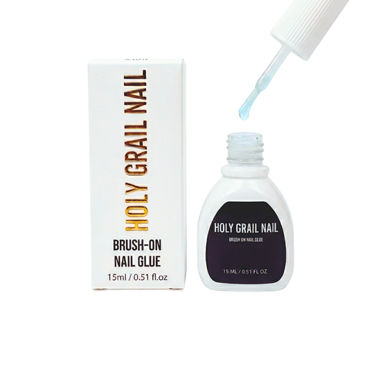 Holy Grail Nail brush-on nail glue bottle with box, 15ml clear adhesive dripping from brush