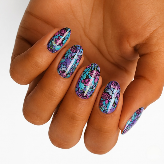 Holy Classics nail wraps, stained-glass rose print in pink, teal and purple on oval nails