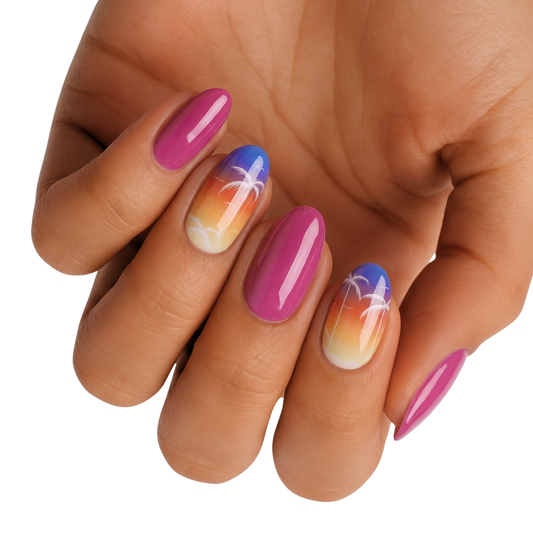 Glossy magenta nail wraps with sunset ombré accent nails featuring white palm tree silhouettes