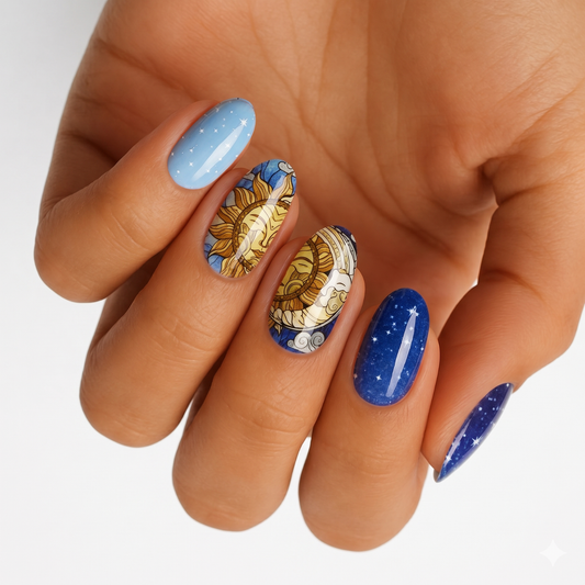 Blue nail wraps with gold sun motif and starry navy glitter accents