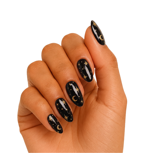 Black glossy semi-cured gel nail wraps with gold celestial moon and star design