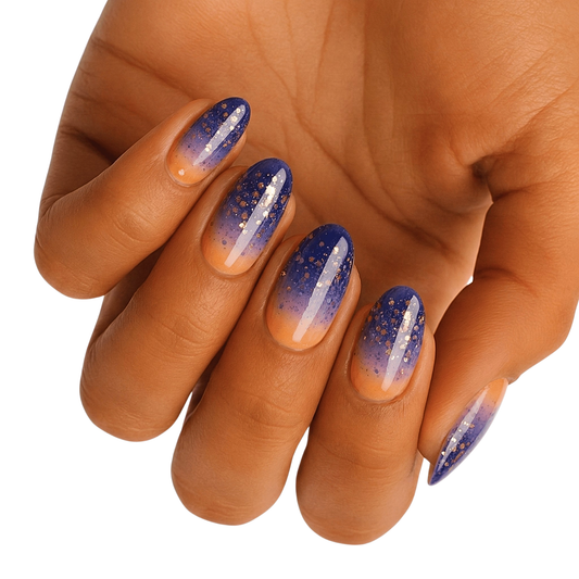 Holy Classics non-UV nail wraps, navy-to-clear ombré with gold glitter flecks