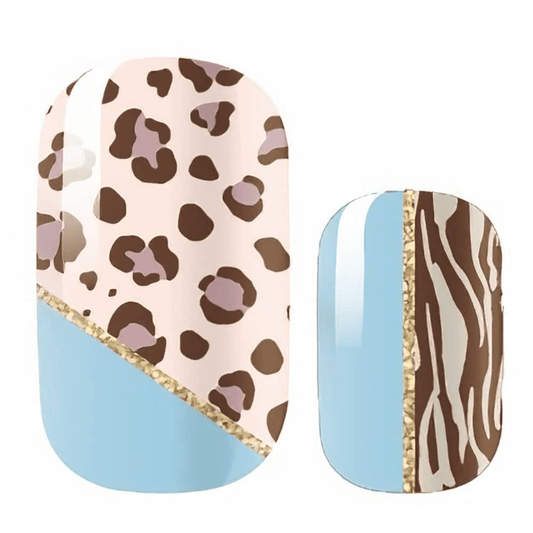 Blue and brown leopard print nail wraps with gold glitter accent stripes