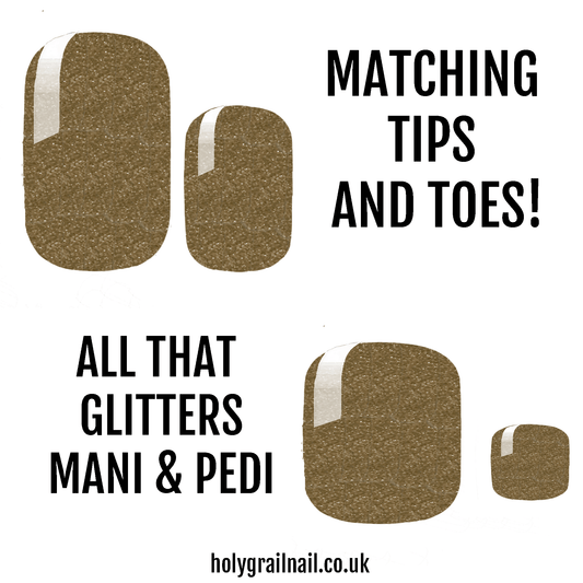 Gold glitter nail wraps set with French tip design for mani and pedi