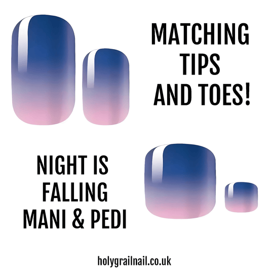 Glossy nail wraps, navy to pink ombré, matching manicure and pedicure set