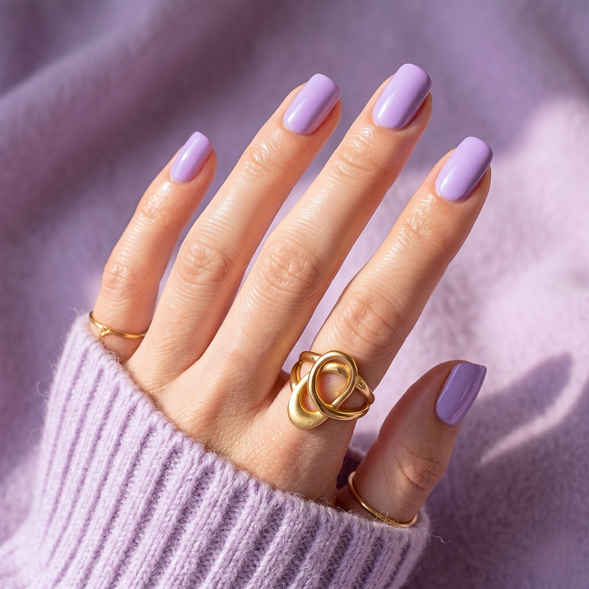 Lilac purple glossy soft gel press-on nails in a short square shape