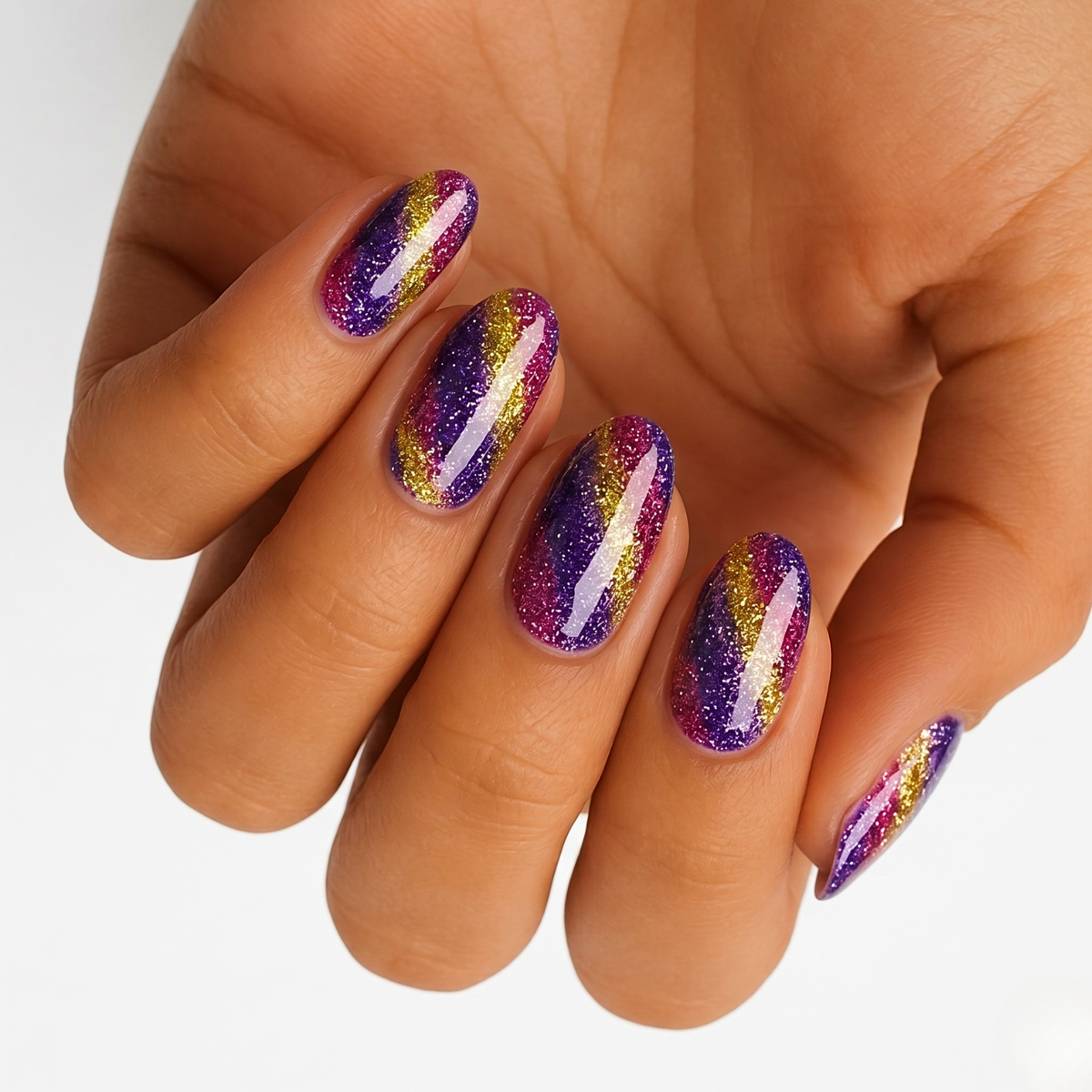 Glittery purple, pink and gold diagonal striped nail wraps on an oval set