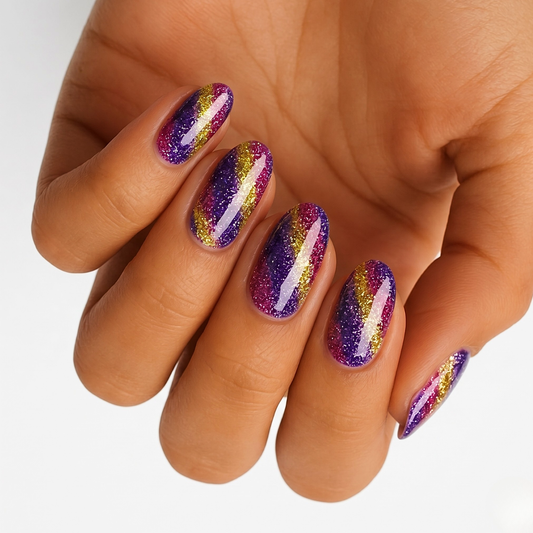 Glittery purple, pink and gold diagonal striped nail wraps on an oval set