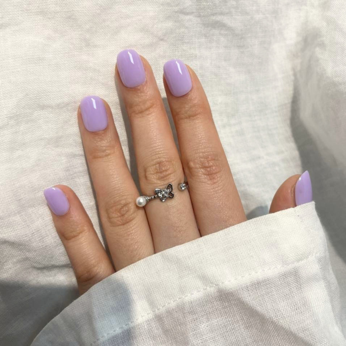 Lilac purple glossy soft gel press-on nails, extra short natural squoval shape