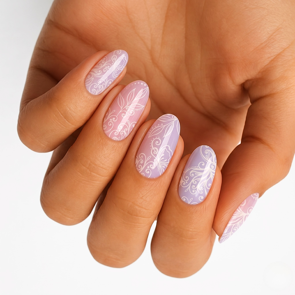 Holy Classics nail wraps, lilac-pink ombré with white lace and leaf motif, glossy finish