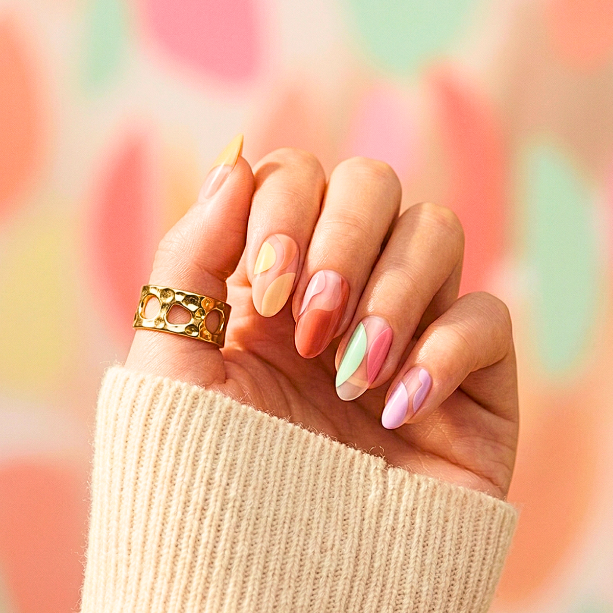 Semi-cured gel nail wraps with abstract multicoloured shapes on sheer nude base, glossy finish