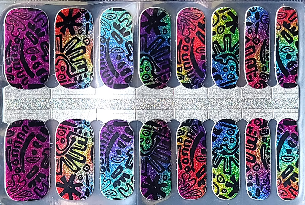 Holy Classics nail wraps, rainbow glitter ombré with black abstract graffiti line art