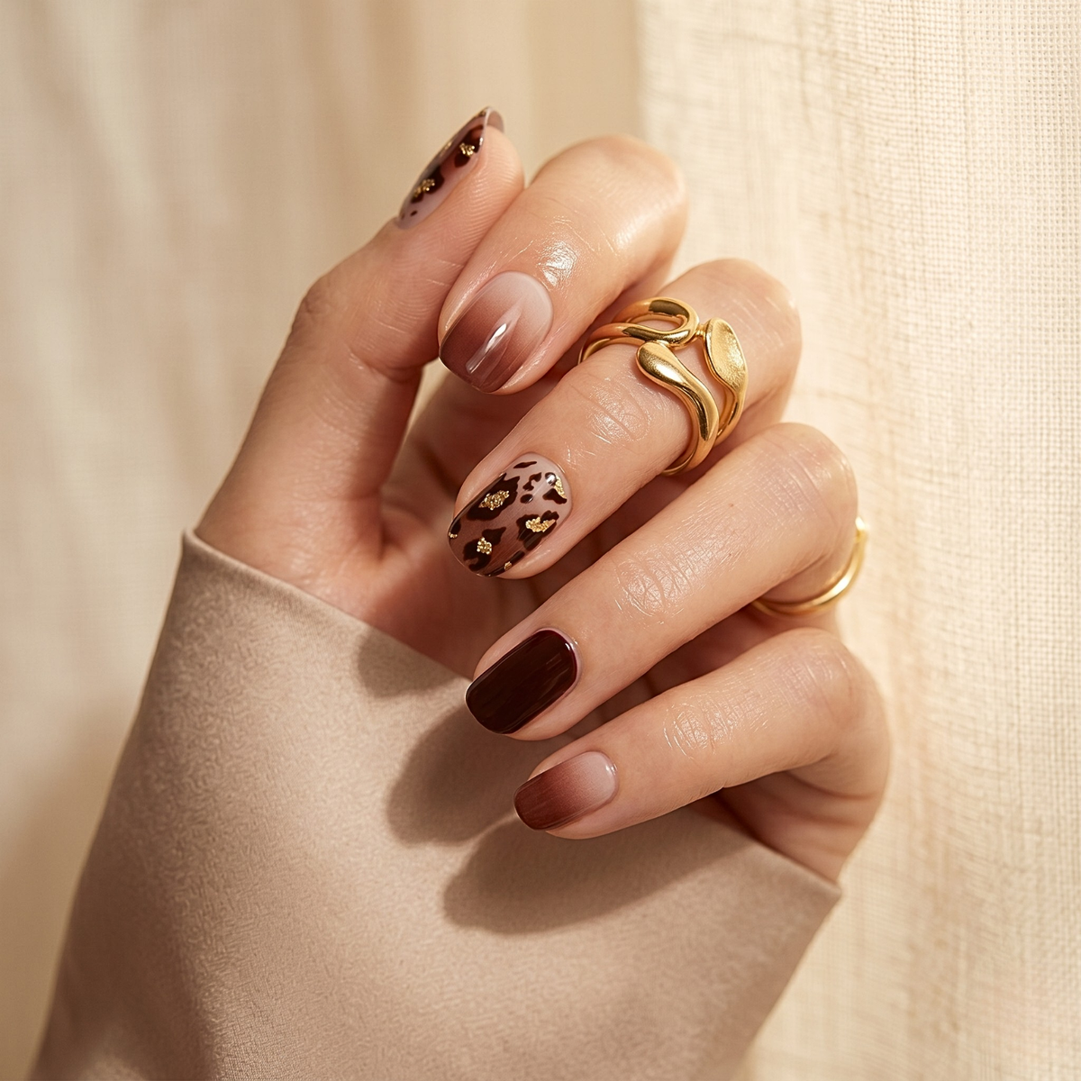 Glossy nail wraps with brown ombré, leopard print, and deep burgundy accent nail