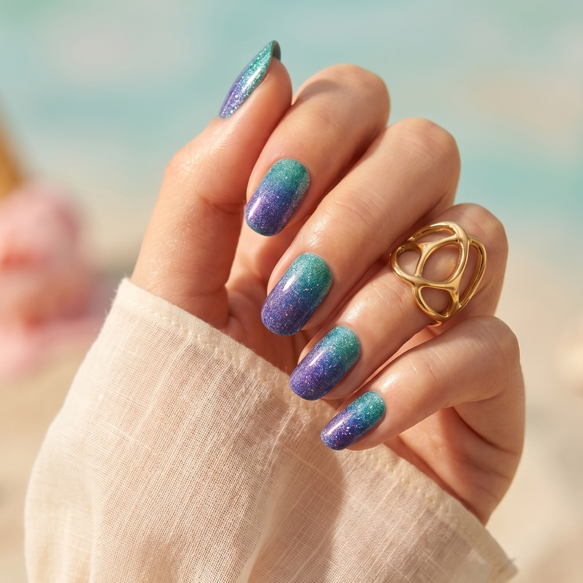 Holy Classics non-UV nail wraps, glossy teal-to-purple ombré with fine shimmer