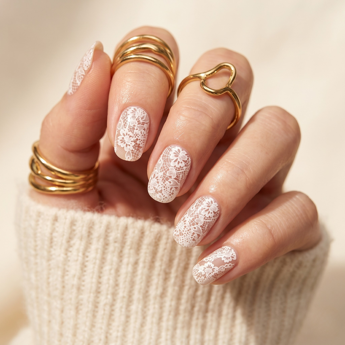 White floral lace semi-cured gel nail wraps on sheer nude base, glossy finish, almond shape.