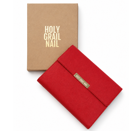 Holy Grail Nail red faux-leather manicure case with kraft gift box packaging