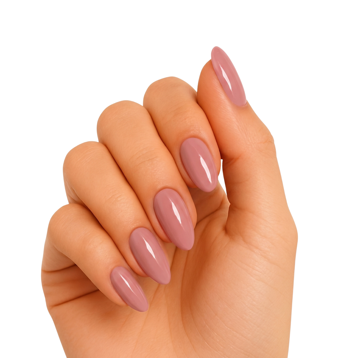 Glossy mauve-pink semi-cured gel nail wraps on almond-shaped nails, solid colour finish