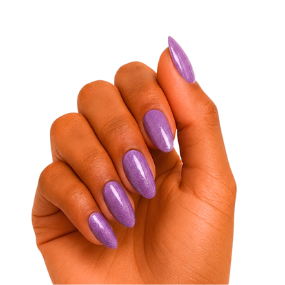 Semi-cured gel wraps in shimmering lilac-purple with fine glitter, on an almond shape