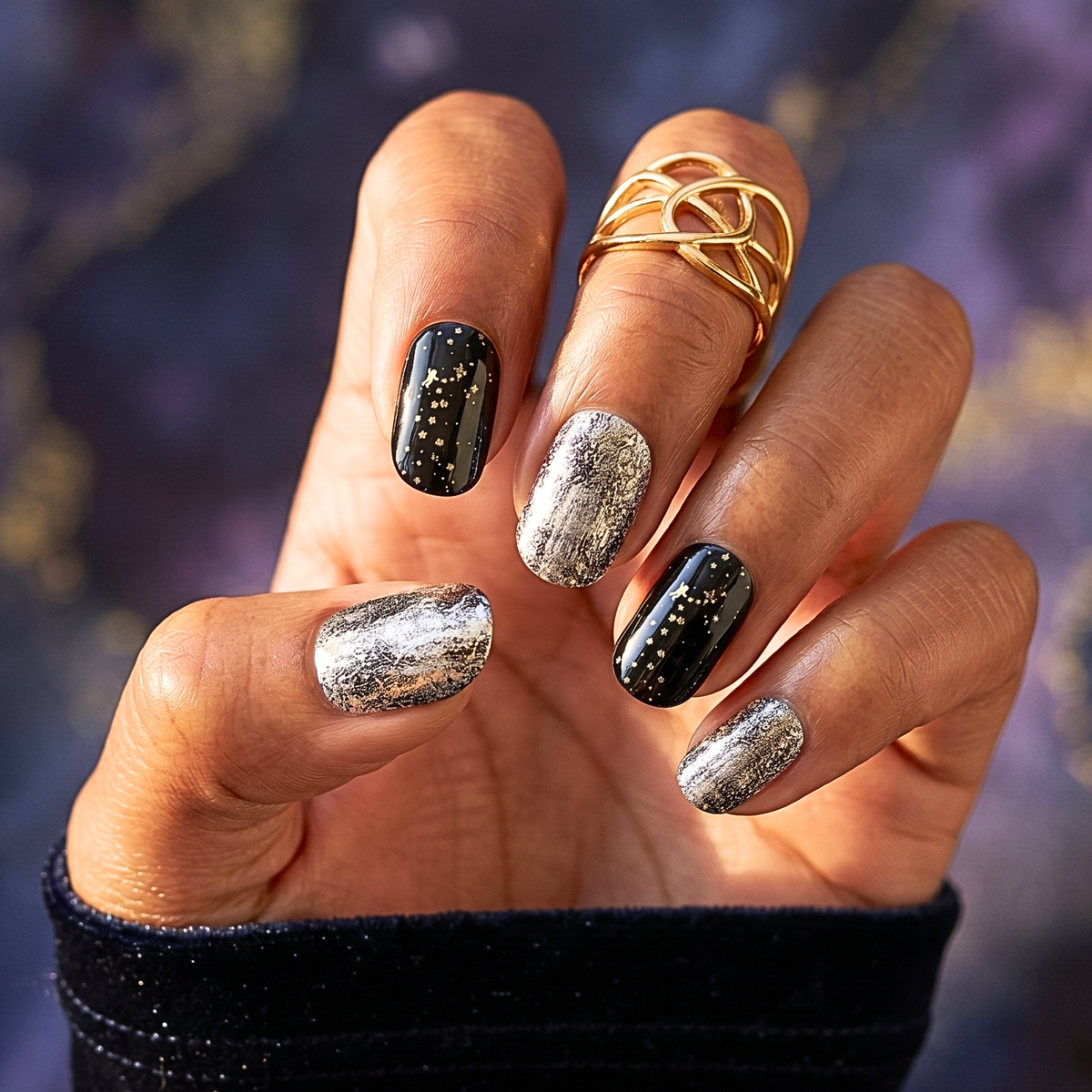 Black glossy nail wraps with gold star accents and silver foil texture design