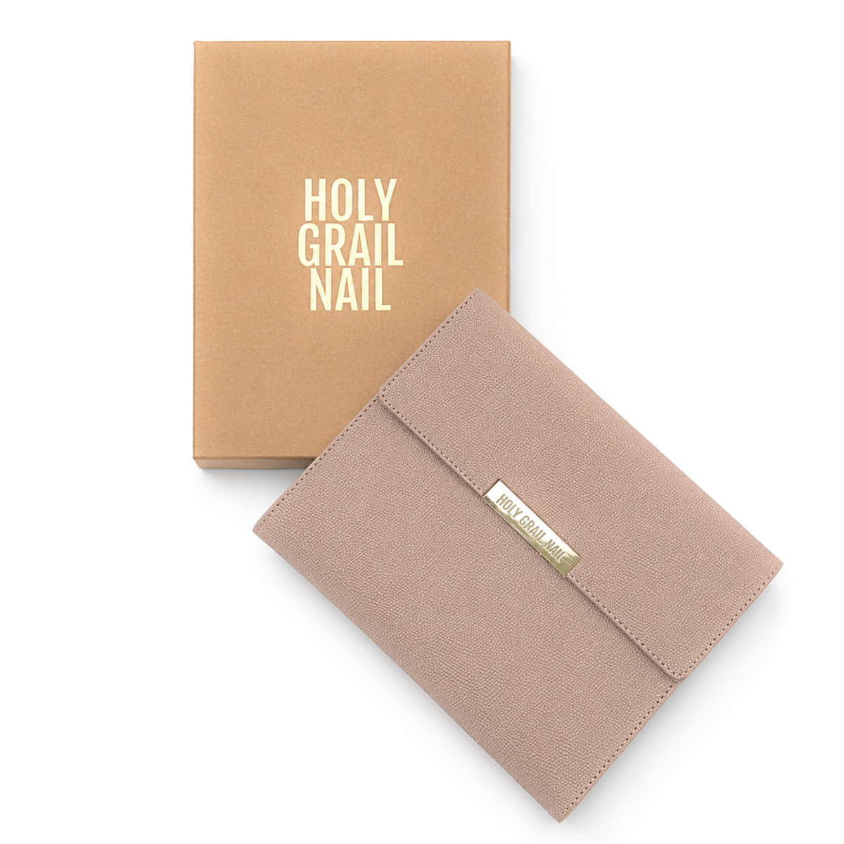 Holy Grail Nail semi-cured gel storage clutch in taupe faux leather with box