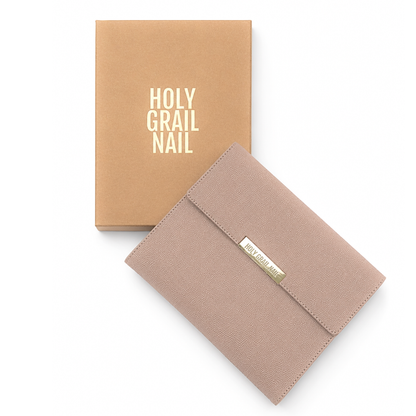 Holy Grail Nail semi-cured gel storage clutch in taupe faux leather with box