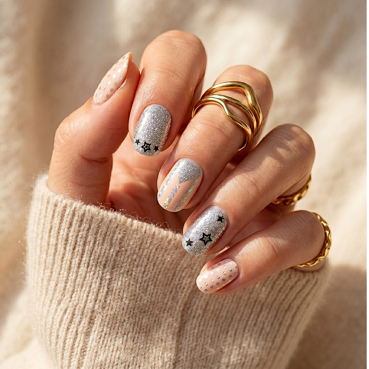 Nude nail wraps with silver glitter, star accents and polka dot tips