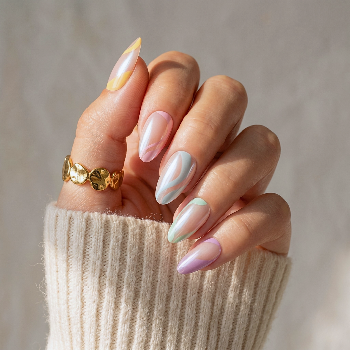 Short almond soft gel press-ons, sheer pearl base with pastel swirl line art