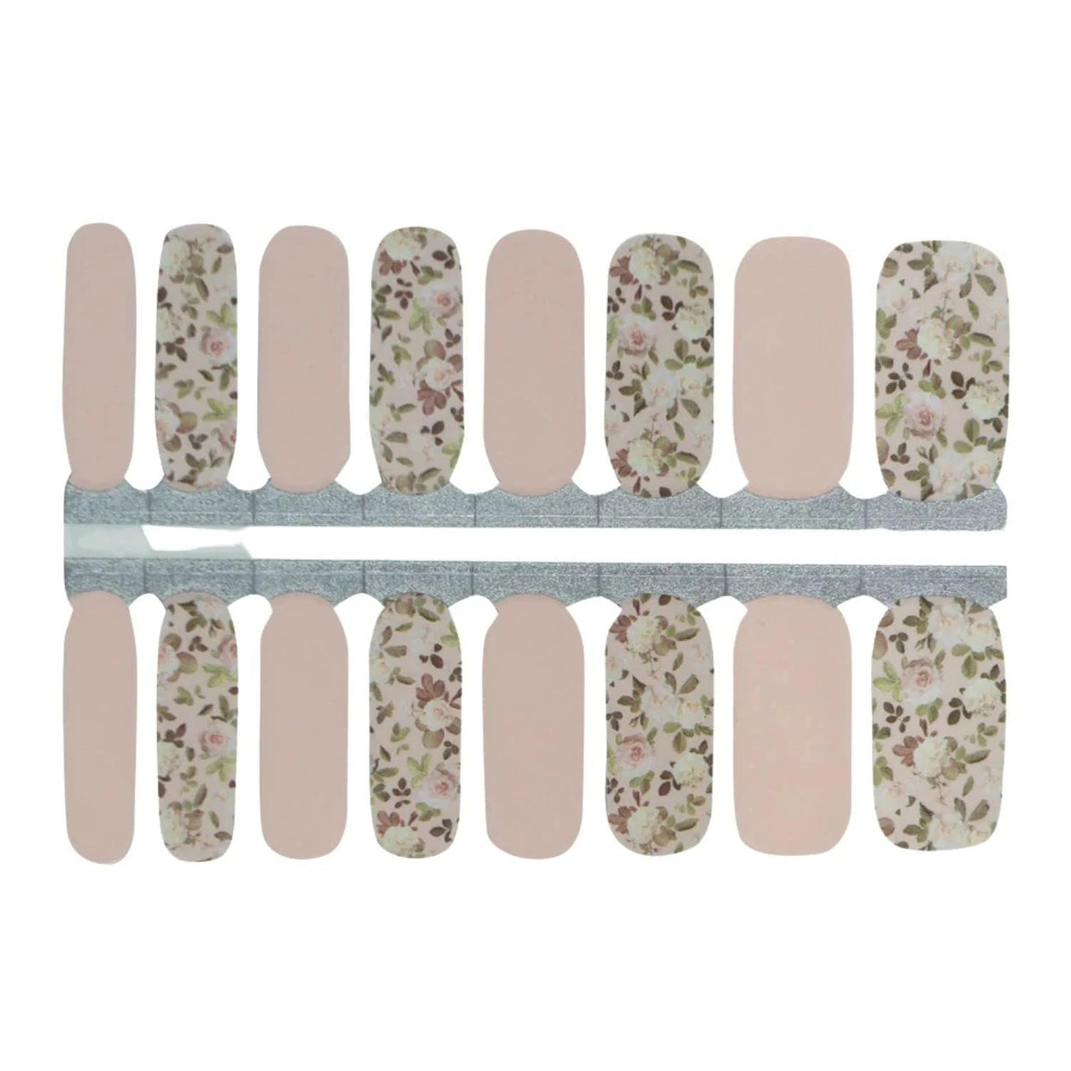Nude pink nail wraps with vintage floral pattern in muted rose and sage tones