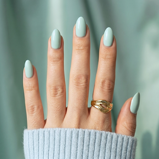 Sage green glossy soft gel press-on nails in a short oval shape, solid colour finish.