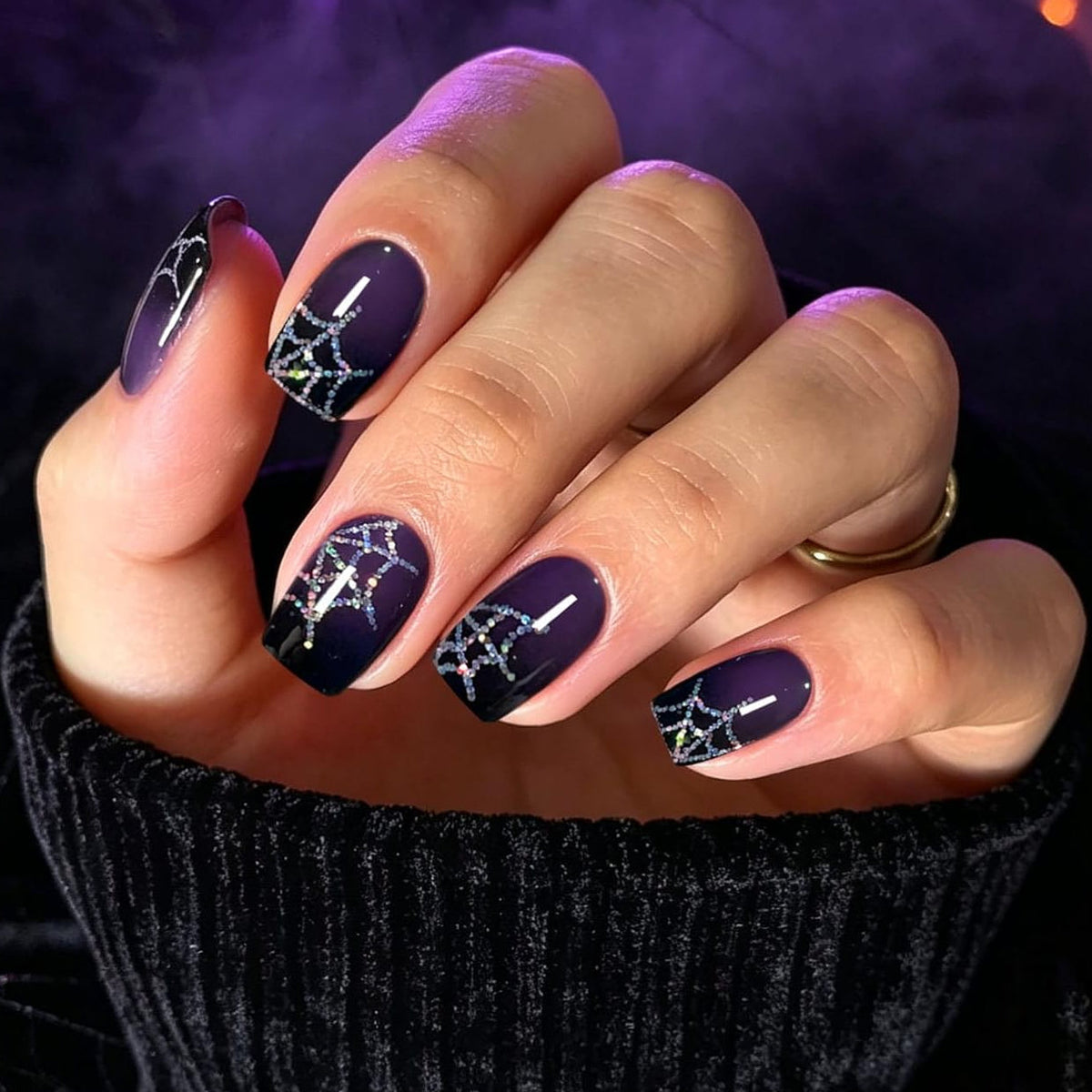 Black Widow semi-cured gel wraps, deep purple-black with glittery spiderweb design