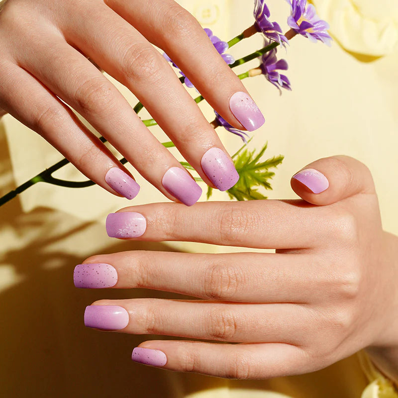 Lavender purple semi-cured gel nail wraps with subtle speckled glitter, square shape