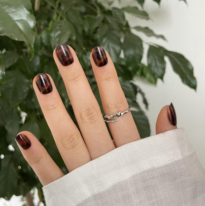 Short round press-on nails in a brown tortoiseshell pattern with glossy finish