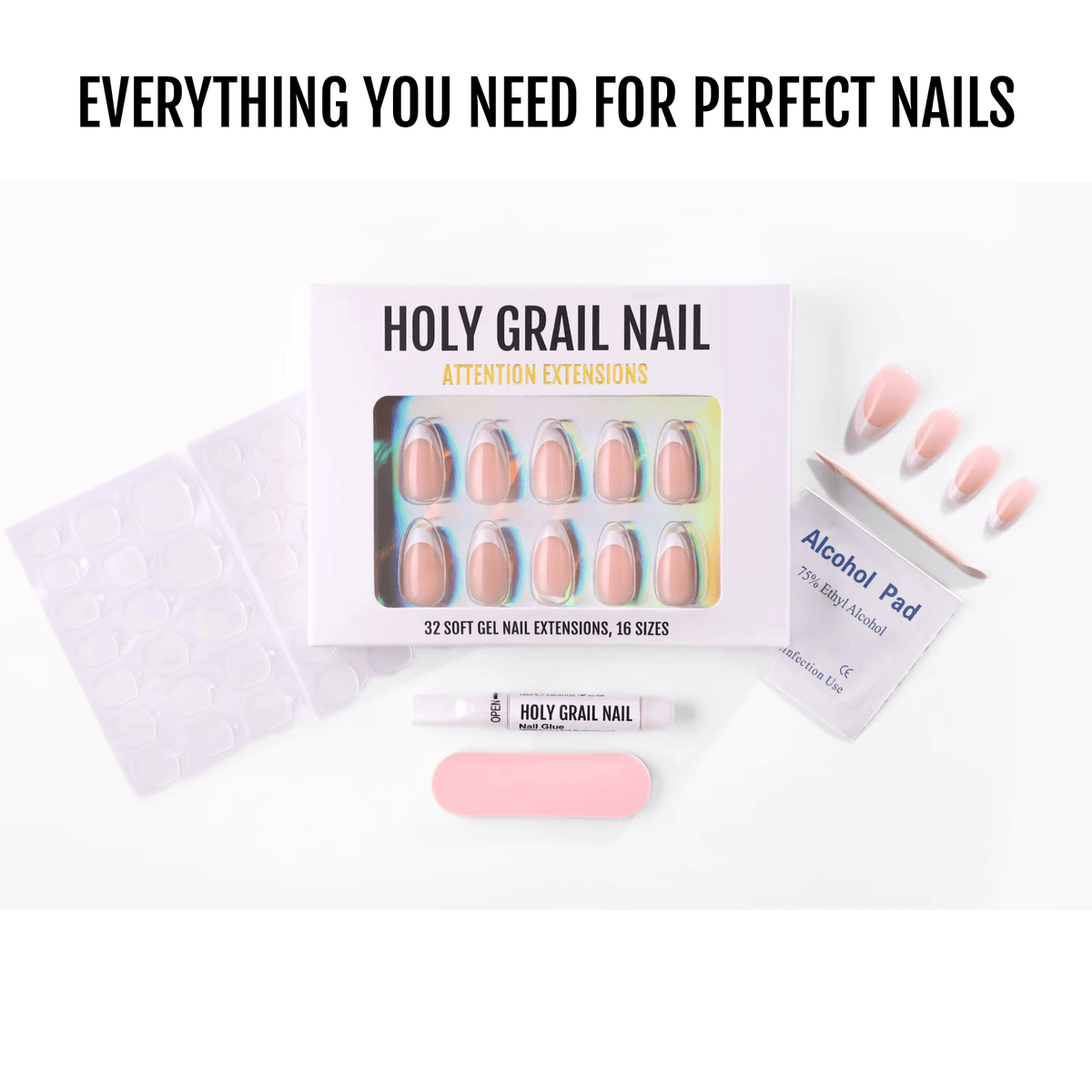 Holy Grail Nail soft gel extensions kit with nude almond nails, glue, and tabs.