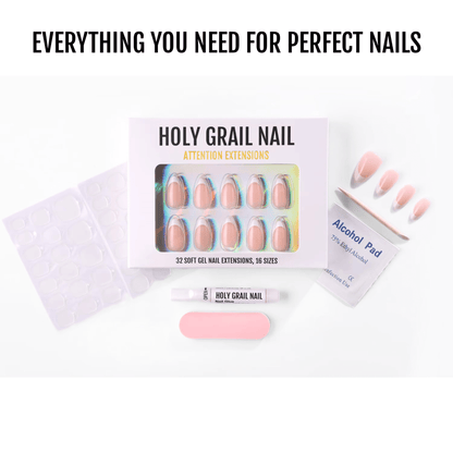 Holy Grail Nail soft gel extensions kit with nude almond nails, glue, and tabs.