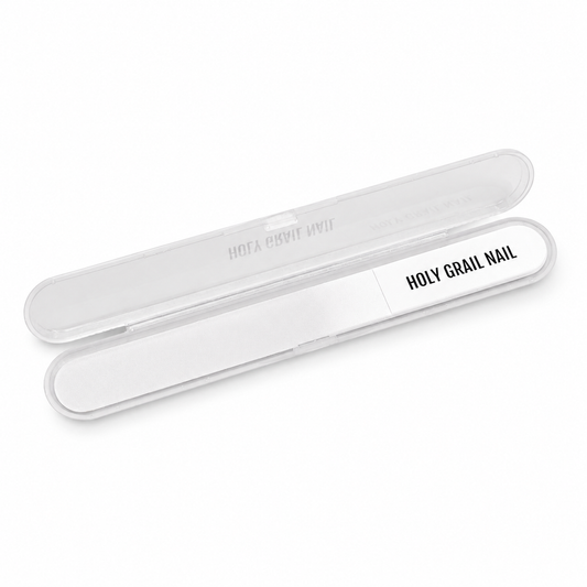 Holy Grail Nail white nail file in clear protective case with lid